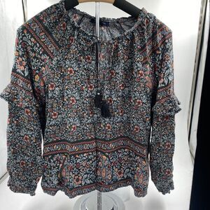 American Eagle Size Medium Womens Peasant Top Tassel Tie Floral Blouse NWT